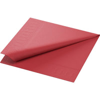 Una servilleta de Duni GmbH de 33 x 33 cm, de dos capas, en color burdeos, ideal para celebraciones, que se muestra parcialmente desplegada. El borde está gofrado y la superficie mate tiene un aspecto liso; el paquete de 250 unidades se encuentra sobre un fondo blanco.