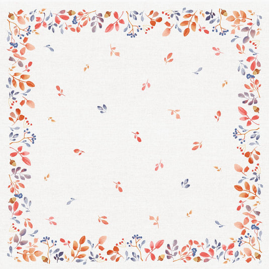 A white, square background with a border of watercolor autumn leaves and berries creates a simple, symmetrical design - perfect for autumn table decoration and beautiful in combination with the Duni GmbH Bio-Dunicel table cover 84x84cm Autumn Gradient (20 pieces).
