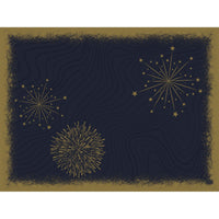 Un fondo azul oscuro con motivos abstractos de fuegos artificiales y estrellas en dorado, enmarcado por un borde dorado con textura. Inspirado en los juegos «Bio-Dunicel» de 30x40 «Sparkly black» (100 unidades) de Duni GmbH, perfectos para una mesa elegante y festiva.