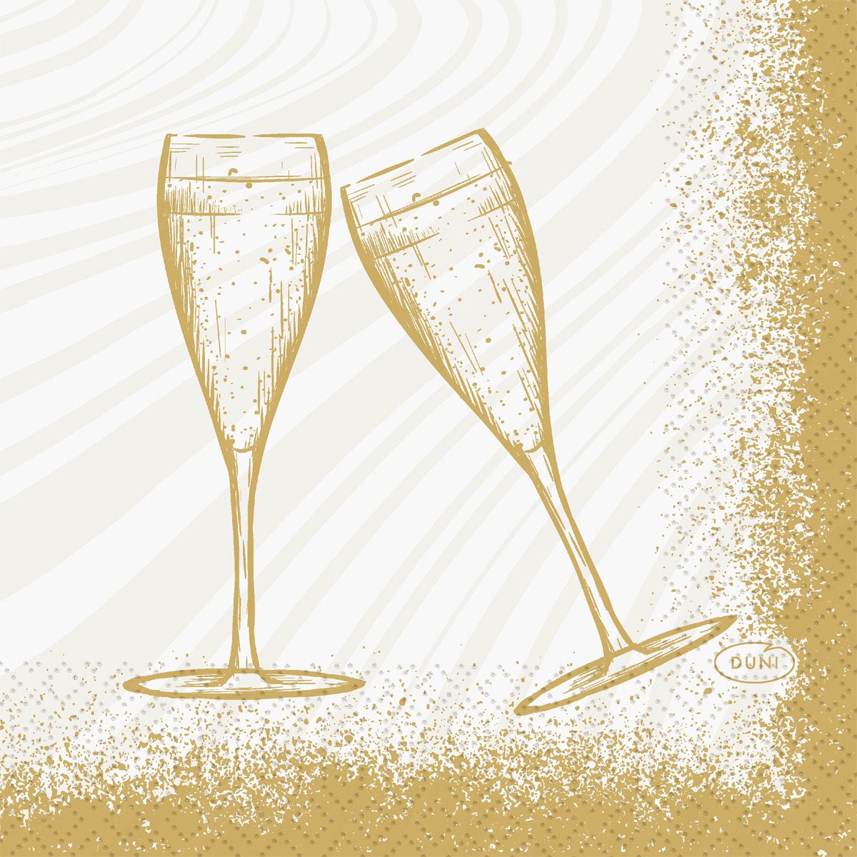 Two champagne flutes filled with sparkling wine clink in this gold-white illustration for Duni GmbH napkins 24x24 3-ply 1/4 Sparkly Cheers white (pack of 50 pieces), framed by a speckled gold border - perfect for festive moments.