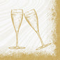 Two champagne flutes filled with sparkling wine clink in this gold-white illustration for Duni GmbH napkins 24x24 3-ply 1/4 Sparkly Cheers white (pack of 50 pieces), framed by a speckled gold border - perfect for festive moments.