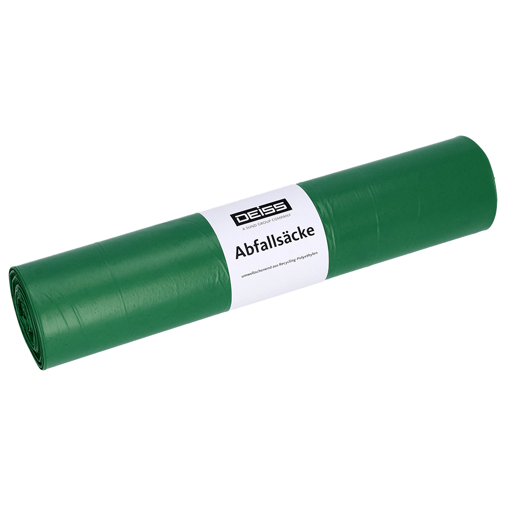 En rull med grønne EMIL DEISS KG (GmbH + Co.) søppelsekker med påskriften "DEISS 22070 - 700x1100 mm Type 60 grønn | Rull (25 stykker)" er avbildet på en ensfarget hvit bakgrunn med hvit etikett og logo.