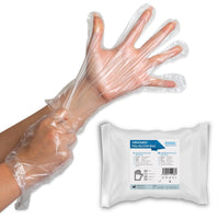 A person is wearing a transparent disposable glove—ARNOMED POLYGLOVE BAG disposable gloves made of PE by ARNOWA GmbH. Nearby is a white package with product information and a barcode on the label.