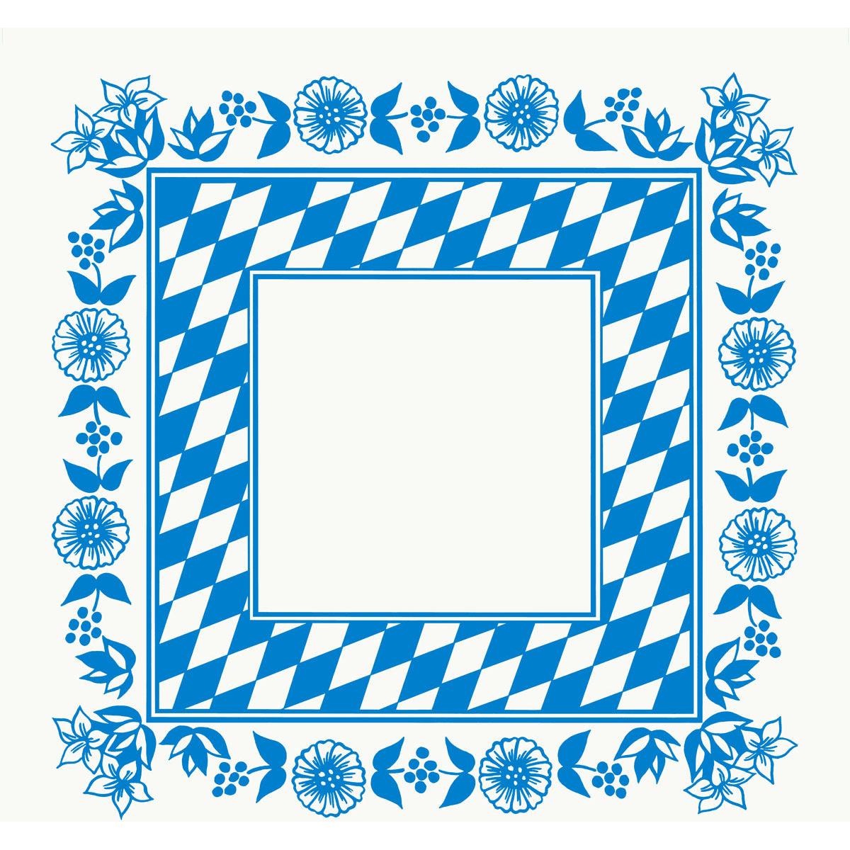 Un mantel cuadrado de Dunicel de 84x84 cm de Duni GmbH con un borde de rombos bávaros azul y blanco, un marco de flores azules sobre un fondo blanco y un centro vacío - perfecto para una decoración de mesa elegante. Paquete: 20 piezas.
