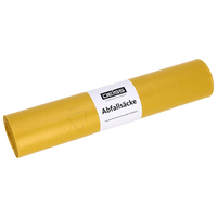 The image shows a roll of EMIL DEISS KG (GmbH + Co.) yellow DEISS trash bags made from recycled LDPE, 120 l (25 bags), on a white background with a white label.