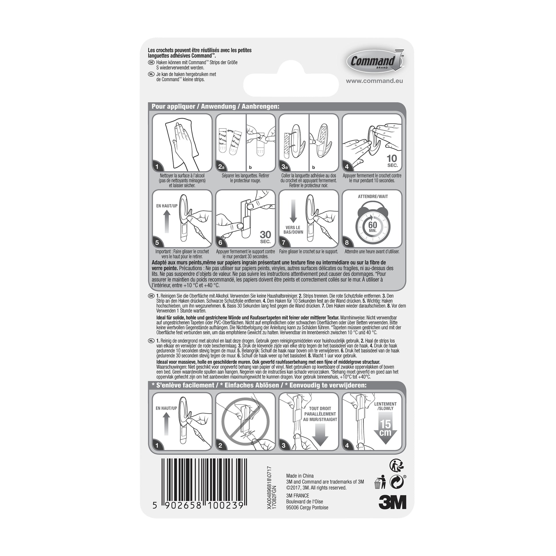 Die Rückseite eines Command™ Small Designer-Hakens, 17082 Packung von 3M Deutschland GmbH zeigt französische und deutsche Anweisungen für rückstandsfreies Aufhängen ohne Bohren, Produktdetails, Barcode und das 3M Logo am unteren Rand.