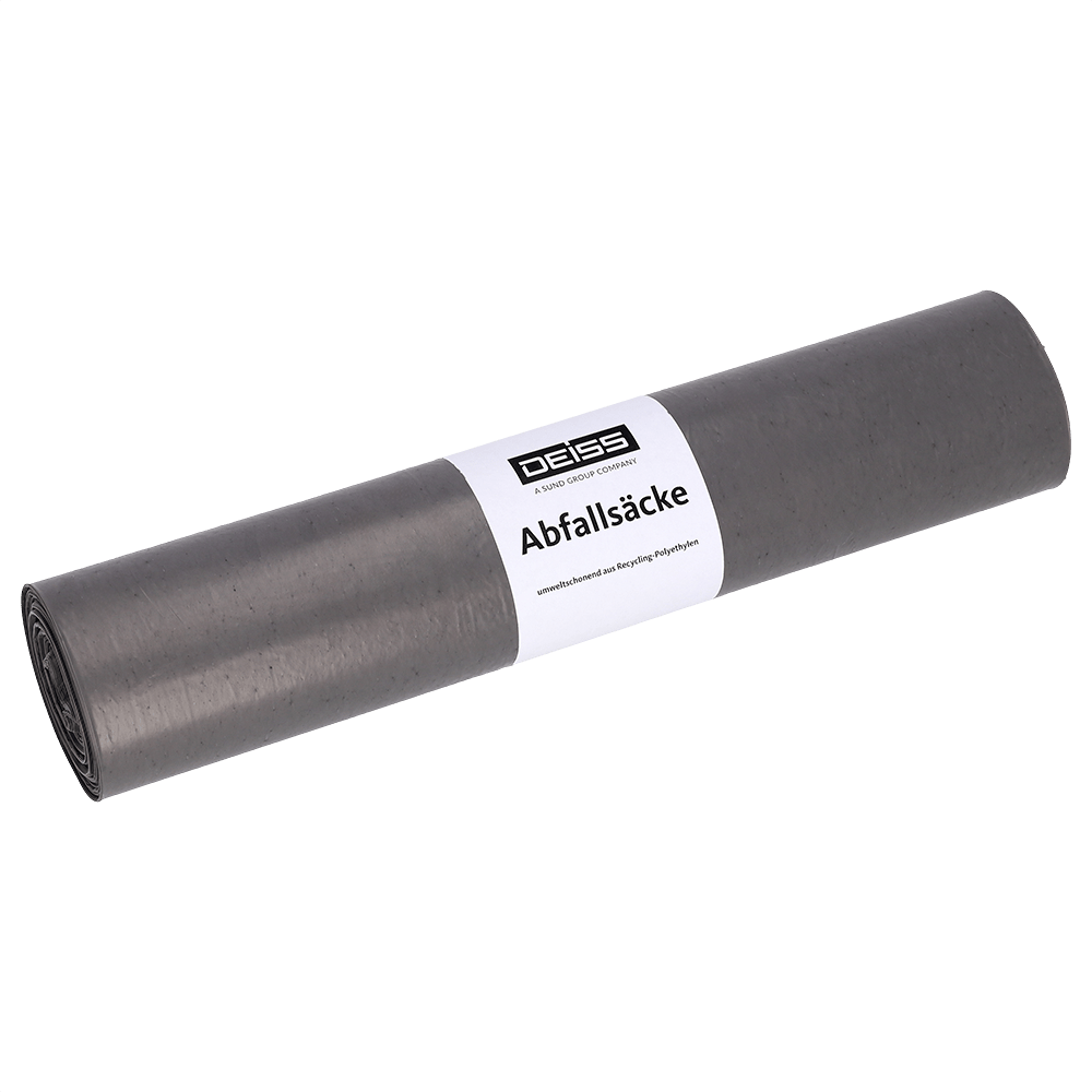 A grey roll of EMIL DEISS KG (GmbH + Co.) DEISS 24004 trash bags, 500+200x1100 mm type 70, roll with 25 pieces, ideal for commercial waste disposal.