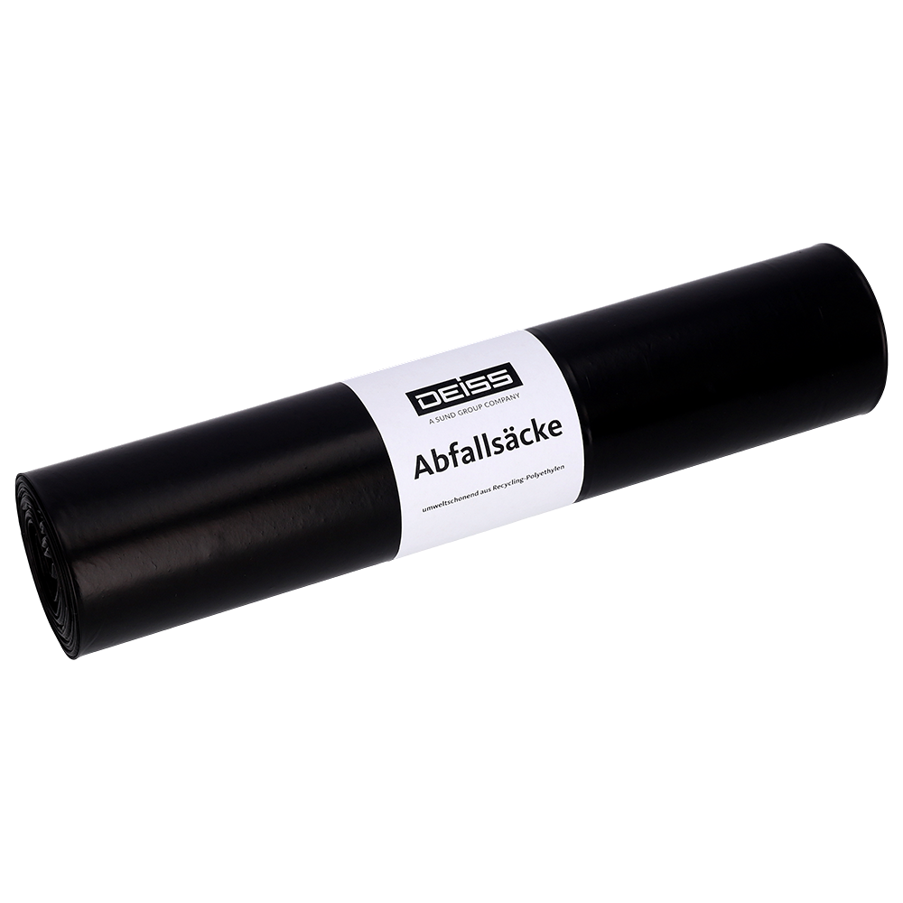 Eine Rolle EMIL DEISS KG (GmbH + Co.) DEISS 25002 schwarze Müllsäcke (500+200x1100x0,1 mm, 10 Stück) mit weißem "DEISS Abfallsäcke" Etikett vor schlichtem, hellgrauem Hintergrund - vielseitig einsetzbar.