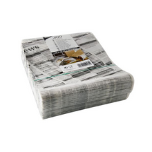 Eine eingeschweißte Packung mit 300 PAPSTAR Hamburger-Tüten "Newsprint", fettdicht (16x18 cm) von PAPSTAR GmbH, im schwarz-weißen Zeitungspapier-Design mit Produktinfo und Barcode, ideal als Pergament-Ersatz zum Einwickeln von Burgern.