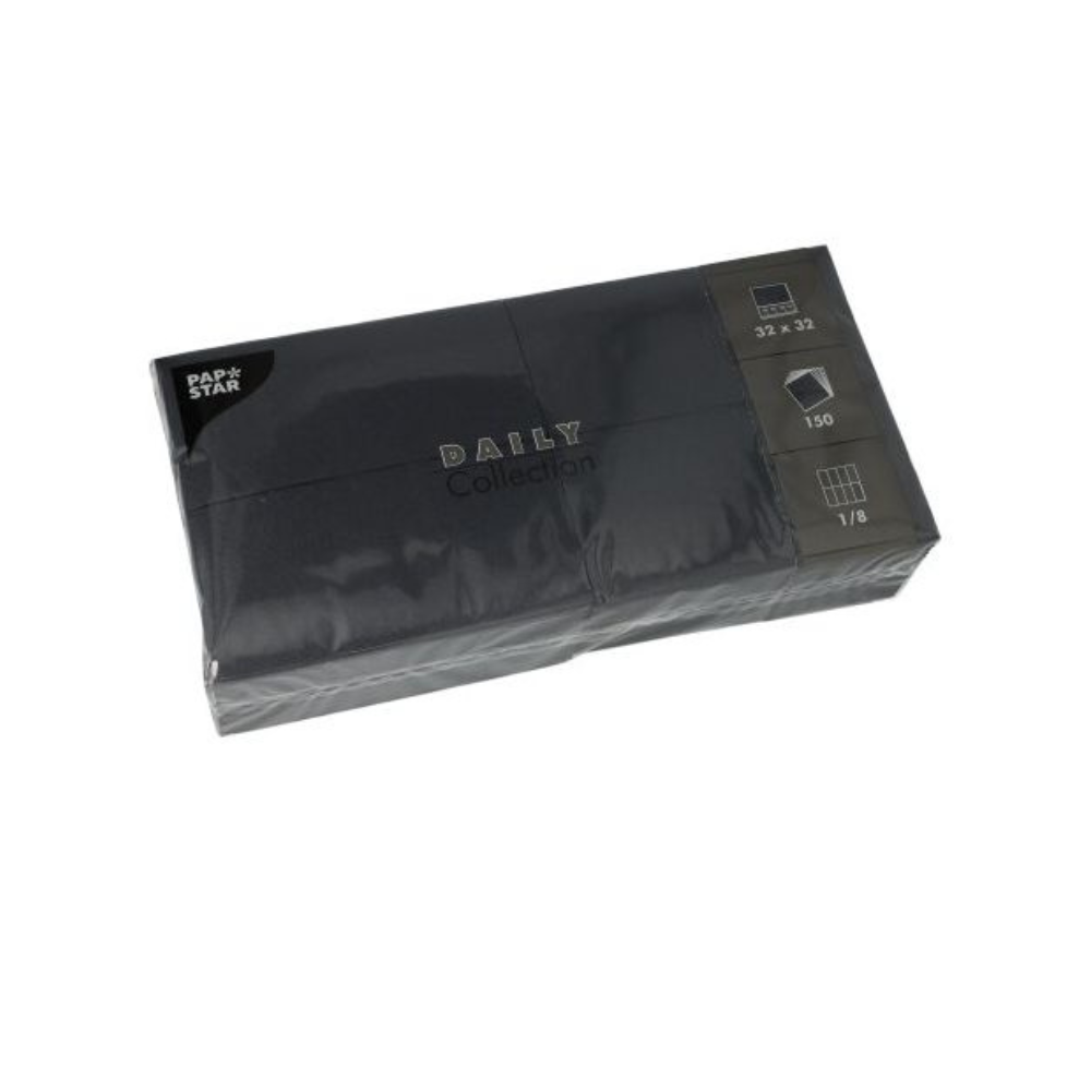 En stilig svart pakke PAPSTAR servietter "DAILY Collection" fra PAPSTAR GmbH er perfekt for borddekorasjonen din. Med 150 servietter i praktisk format 32 x 32 cm og en elegant 1/8-bretting tilbyr de både stil og bærekraftig komfort for enhver anledning.