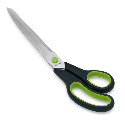 The Nölle Profi Brush Wallpaper Scissors 2K11 with stainless steel blades and black-green ergonomic handles ensure precise cuts; pictured on a white background. Brand: Nölle Profi Brush Brush & Paint Technology e.K.