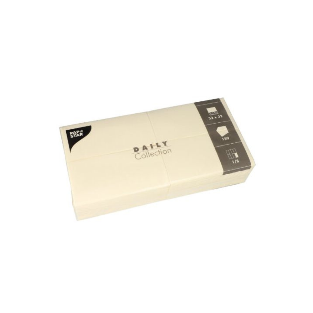 En pakke beige papirservietter, ideell for borddekorasjon, med betegnelsen "DAILY Collection" fra PAPSTAR GmbH. Emballasjen inneholder symboler som angir dimensjonene (32 x 32 cm), mengden (150) og brettemetoden (1/8), slik at du får både stilige servietter og bærekraftig komfort for dine sammenkomster.