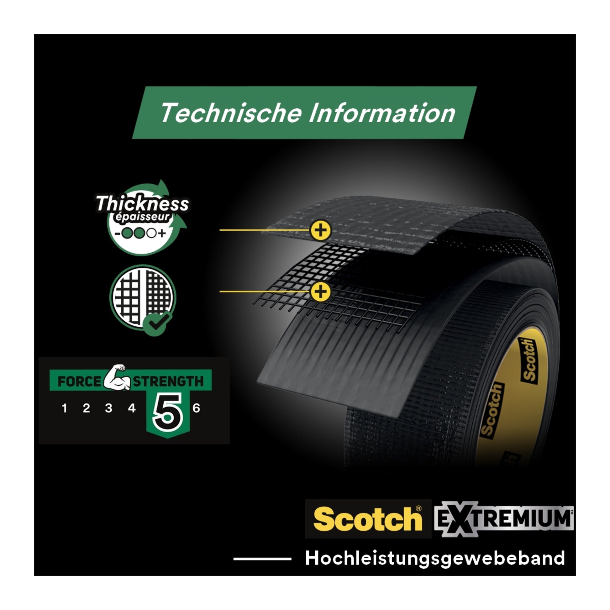 Eine Nahaufnahme des Scotch® Extremium™ All Weather Hochleistungs-Klebebandes (27 m x 48 mm, 1 Rolle, 3M Deutschland GmbH) zeigt die Dicke, das Fasernetz und die Festigkeitsklasse 5/6. Deutsche und englische Texte betonen seine hohe Leistungsfähigkeit.