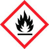 Ein Gefahrensymbol, bestehend aus einer schwarzen Flamme auf einer horizontalen Linie innerhalb einer weißen Raute mit einem dicken roten Rand, das auf brennbares Material hinweist.