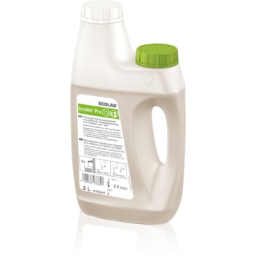 A 2-liter bottle of Ecolab Incidin Pro with a handle, a white cap and a green cap on opposite sides, and a white label featuring product information and safety symbols.