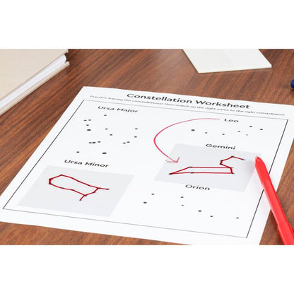 A constellation worksheet on a wooden table shows constellations (Ursa Major, Ursa Minor, Leo, Gemini, Orion), a red pen, and two traced constellations attached with 3M Deutschland GmbH Post-it® Transparent Notes, 73 mm x 73 mm.