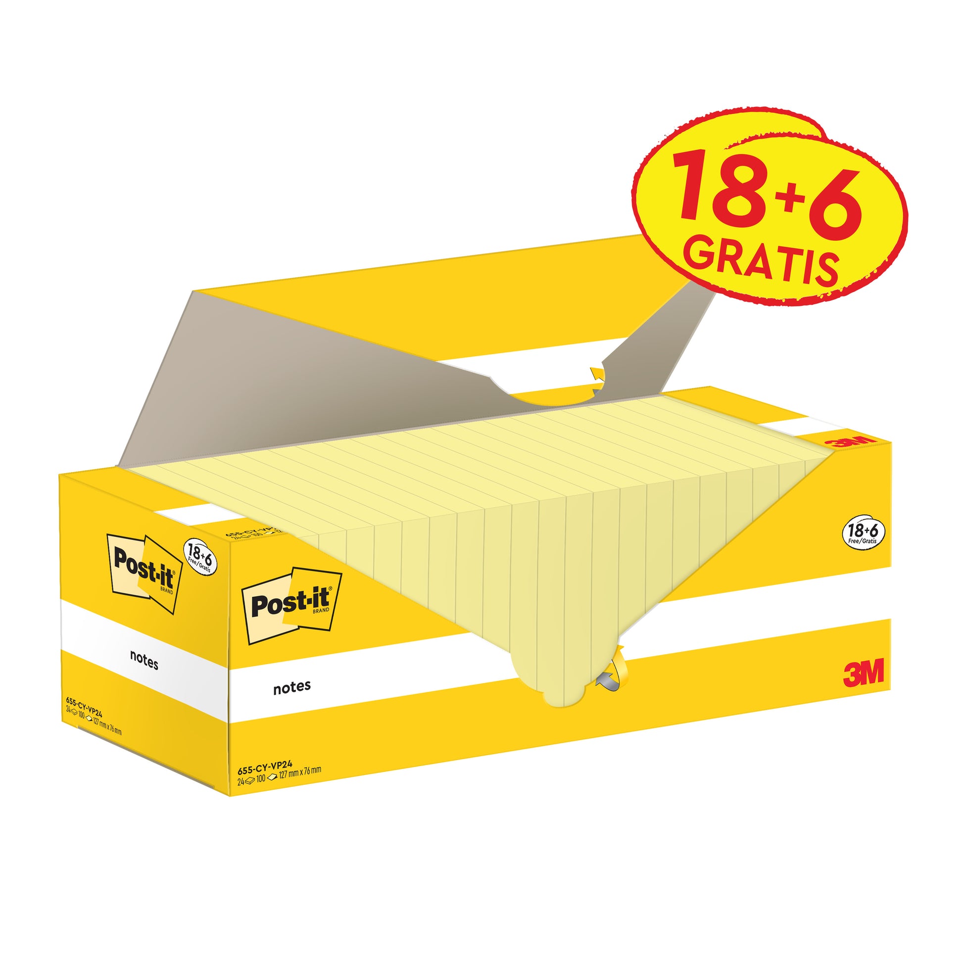 Eine geöffnete gelb-weiße Schachtel mit Post-it® Notes der 3M Deutschland GmbH zeigt gelbe Notizblöcke (76x127mm, 100 Blatt/Block). Auf dem rot-gelben Etikett steht "18+6 GRATIS". Die Verpackung ist aus Karton und zu 100% PEFC-zertifiziert.