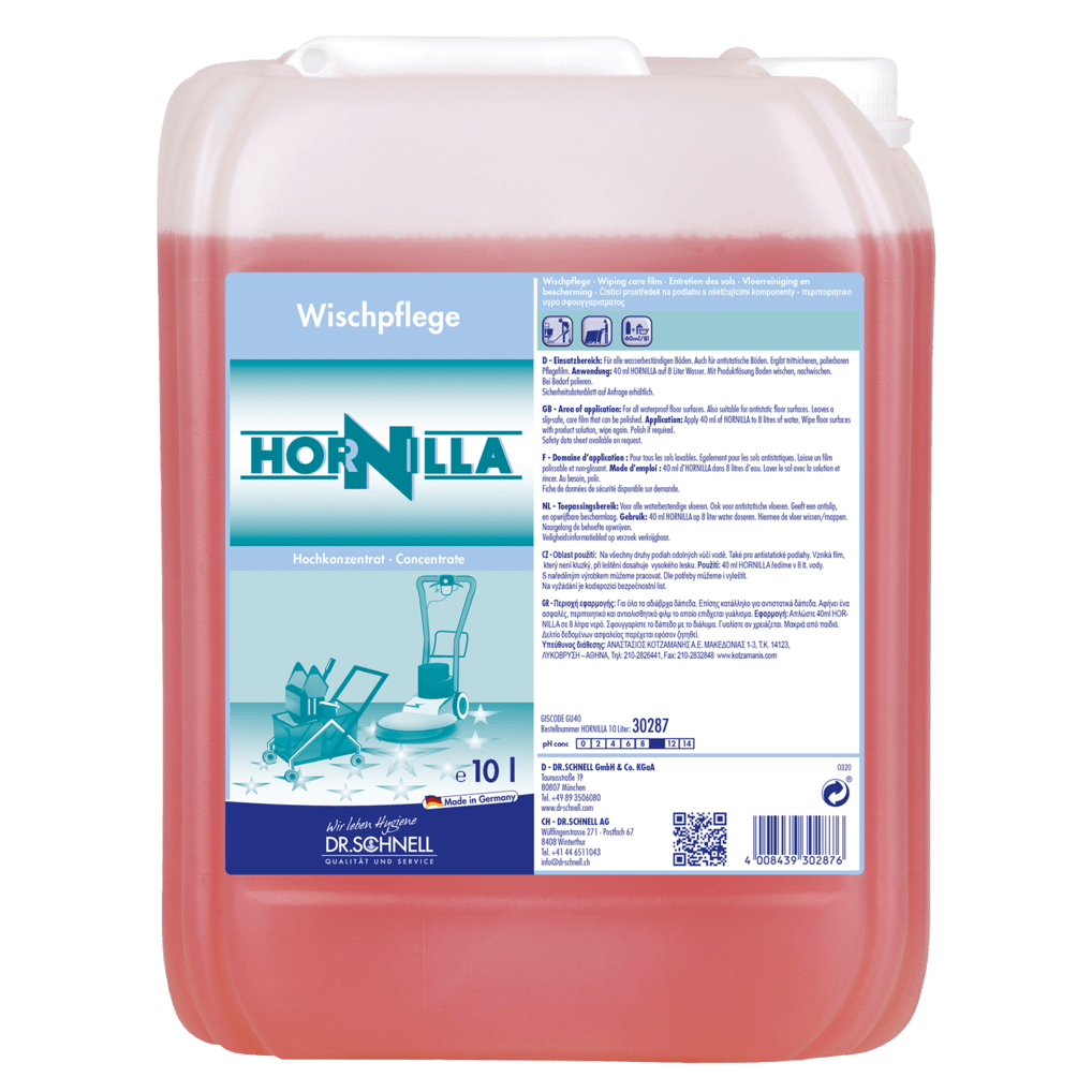 Un contenedor de 10 litros de Dr. Schnell HORNILLA de DR.SCHNELL GmbH & Co. KGaA, lleno de líquido rojo. La etiqueta alemana muestra información del producto, instrucciones de uso y símbolos de seguridad para una limpieza potente.