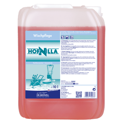 Un contenedor de 10 litros de Dr. Schnell HORNILLA de DR.SCHNELL GmbH & Co. KGaA, lleno de líquido rojo. La etiqueta alemana muestra información del producto, instrucciones de uso y símbolos de seguridad para una limpieza potente.