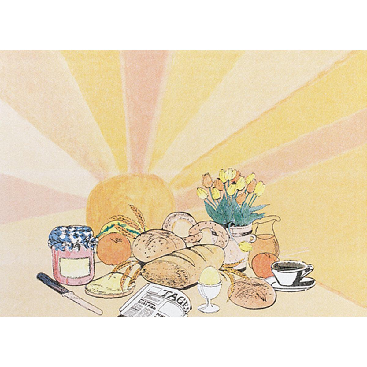 A breakfast table with bread, jam, coffee, fruit, and flowers is set on Dunicel placemats 30x40 cm by Duni GmbH (100 pieces), while the morning sun rises in the background - perfect for parties and celebrations.