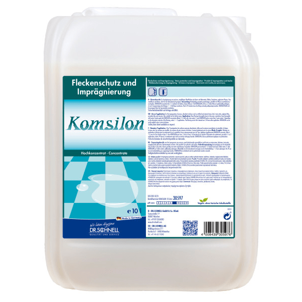 Un bidón de 10 litros de DR.SCHNELL GmbH & Co. KGaA KOMSILON protección contra manchas e impregnación para piedras naturales y artificiales, con una etiqueta azul y blanca con información del producto e instrucciones en alemán.