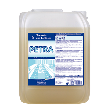 Ein 10-Liter-Kunststoffbehälter von Dr. Schnell PETRA Öl- und Fettlöser für Oberflächen der DR.SCHNELL GmbH & Co. KGaA, mit blau-weißem Etikett, zur konzentrierten Öl- und Fettentfernung.