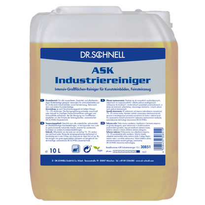 Ein 10-Liter-Kunststoffbehälter von Dr. Schnell ASK INDUSTRIEREINIGER der DR.SCHNELL GmbH & Co. KGaA, ein professioneller Öl- und Fettreiniger für Kunstböden und Feinsteinzeug, mit Produktinformation und Anwendungshinweisen in deutscher Sprache auf dem Etikett.