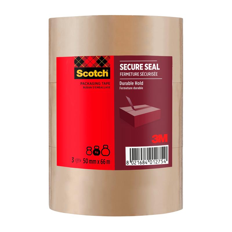 En rull Scotch® emballasjetape for sikker forsegling, 50 mm x 66 m, fra 3M Deutschland GmbH er merket med en rød etikett med produktinformasjon og en strekkode; tapen er gjennomsiktig.