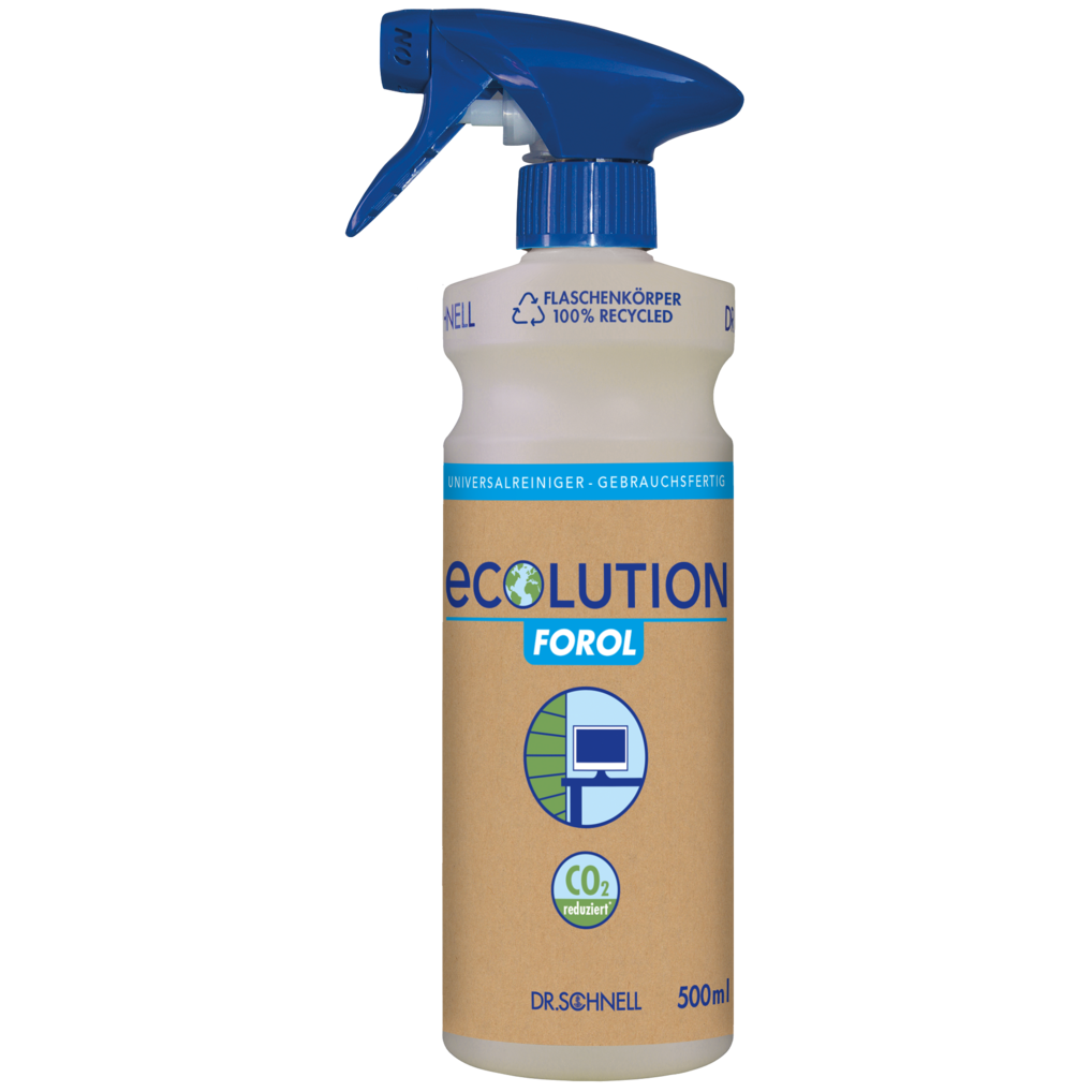 Die Dr. Schnell Handsprühflasche ECOLUTION leer 500 ml von DR.SCHNELL GmbH & Co. KGaA besteht aus 100% recyceltem Kunststoff und ist mit blauem Sprühkopf sowie braunem Label mit Umwelt-Icons besonders umweltfreundlich.