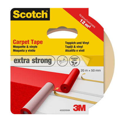 Verpackung für Scotch® Teppichklebeband, 42022050 von 3M Deutschland GmbH, weiß, 50 mm x 20 m; "extra starkes" Klebeband, abgebildet auf Teppich/Vinyl für Reparaturen. Eine Rolle deckt bis zu 12 m² ab.