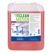 Ein 10-Liter Dr. Schnell CLEANMOTION WERKSTATTREINIGER der DR.SCHNELL GmbH & Co. KGaA mit roter Flüssigkeit und einem Etikett mit Autowerkstattmotiv und deutscher Produktinformation - ideal für die effektive Werkstattreinigung.