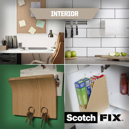 Eine Collage zeigt vier Innenräume - ein Arbeitszimmer mit einer Korkplatte, eine Küchenwand mit montierten Messern, einen Schlüsselhalter und einen Speisekammer-Organizer - die jeweils mit Scotch-FIX™ Doppelseitige Innenmontagequadrate 4496-ST16-P von 3M Deutschland GmbH ausgestattet sind. Logo sichtbar.