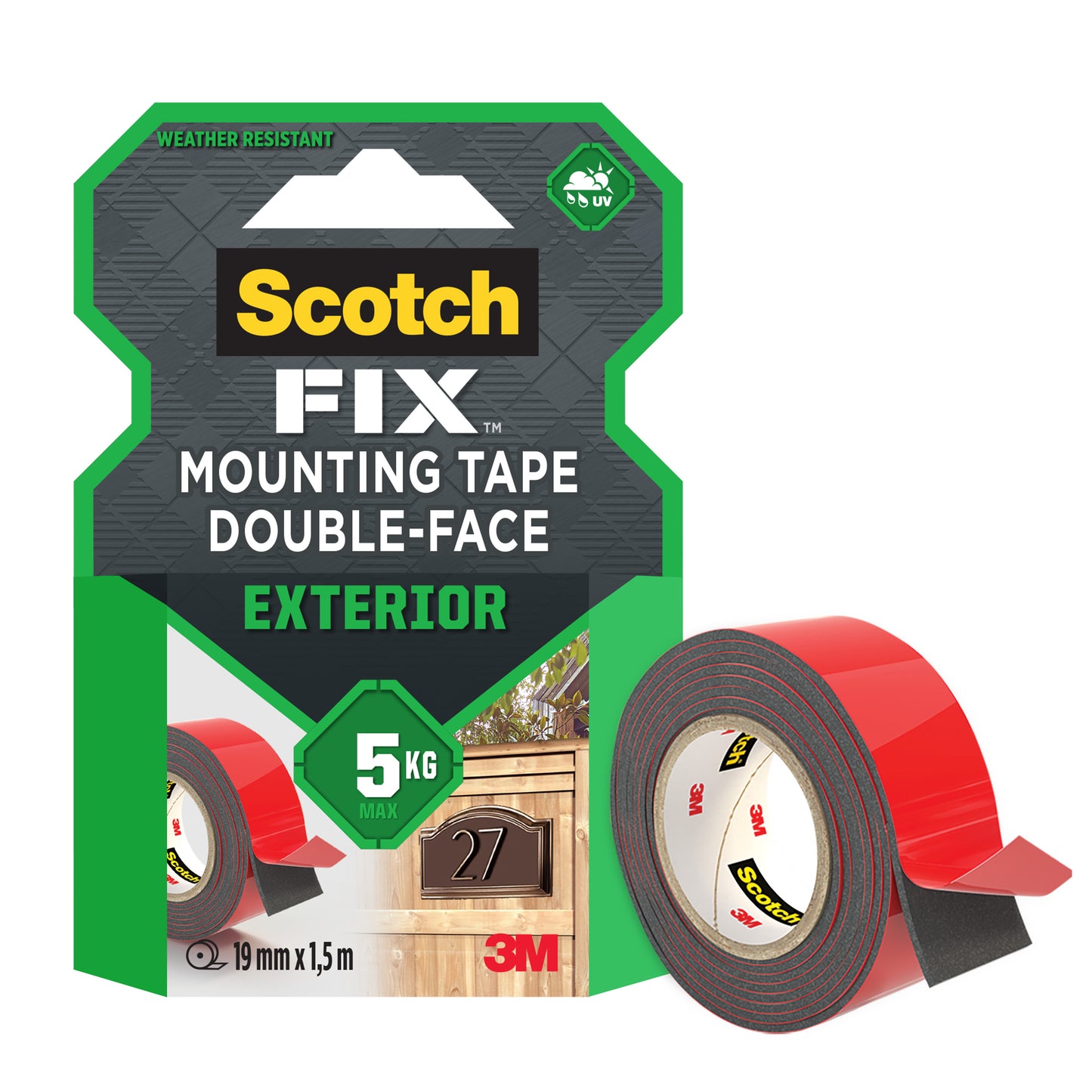 Das 3M Deutschland GmbH Scotch-FIX™ Doppelseitiges Außenmontageband 5412-1915-P, 19 mm x 1,5 m (1 Rolle/Packung), ist ein witterungsbeständiges Montageband, das bis zu 5 kg trägt und ideal für Außenanwendungen geeignet ist.