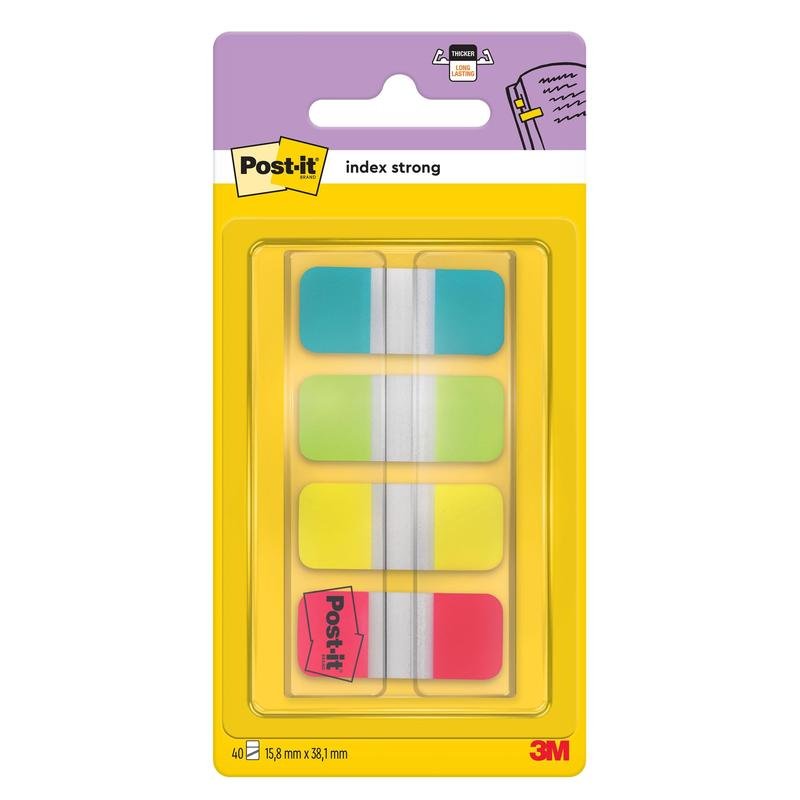 Los Post-it® Index Strong Ablagetabs, Mini (15,8 mm x 38,1 mm) en amarillo, rojo, azul y verde de 3M Deutschland GmbH vienen como 40 tiras adhesivas/dispensador (1 pieza), ideal para organizar documentos - un paquete con dispensador de plástico.