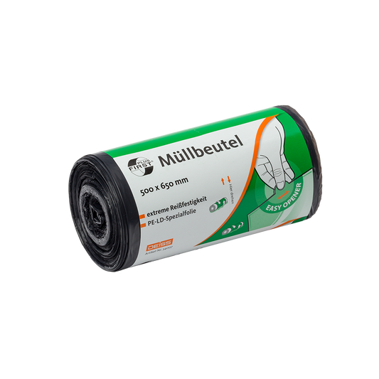 Der EMIL DEISS KG (GmbH + Co.) DEISS 34007 Müllbeutel, 500x650 mm grau, Rolle mit 50 Stück, ideal für Bürobedarf. Die graue Rolle zeigt eine Handgrafik und ein "easy opener"-Symbol für einfaches Öffnen.