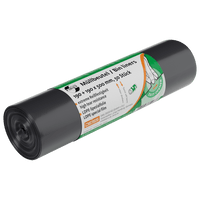 A roll of DEISS 34502 trash bags (50 bags, gray) from EMIL DEISS KG features a green-and-white German/English label showing a hand pulling a bag and highlighting the bags’ tear resistance, special LDPE film, and suitability for waste disposal.