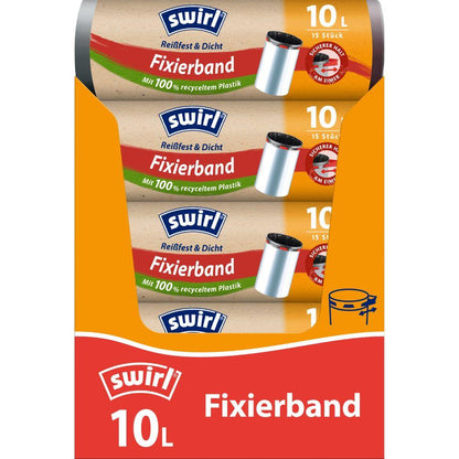 Die Verpackung des Swirl Fixierband-Müllbeutels 10 l Reißfest & Dicht von Melitta Europa GmbH & Co. KG zeigt drei Rollen, besteht aus umweltfreundlichem, 100 % recyceltem Plastik, hat ein Fassungsvermögen von 10 l und ist in den Farben Rot, Orange und Blau mit Logo und Symbolen versehen.