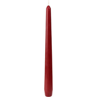 A single dark red taper candle from Duni GmbH (250 x 22 mm, approx. 7 hours burn time) with a slightly tapered tip and a visible wick stands upright against a white background.