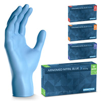 A blue ARNOMED NITRIL BLUE XTRA STRONG disposable glove from ARNOWA GmbH stands upright next to four blue, color-coded boxes containing extra-thick nitrile gloves in sizes S through XL.