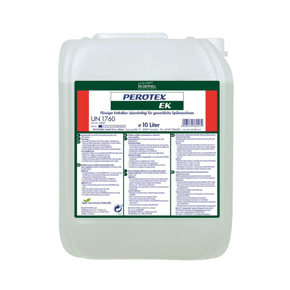 A 10-liter canister Dr. Schnell PEROTEX EK descaler for commercial dishwashers and kitchen hygiene from DR.SCHNELL, with a multicolored German label with product information and instructions on the front.