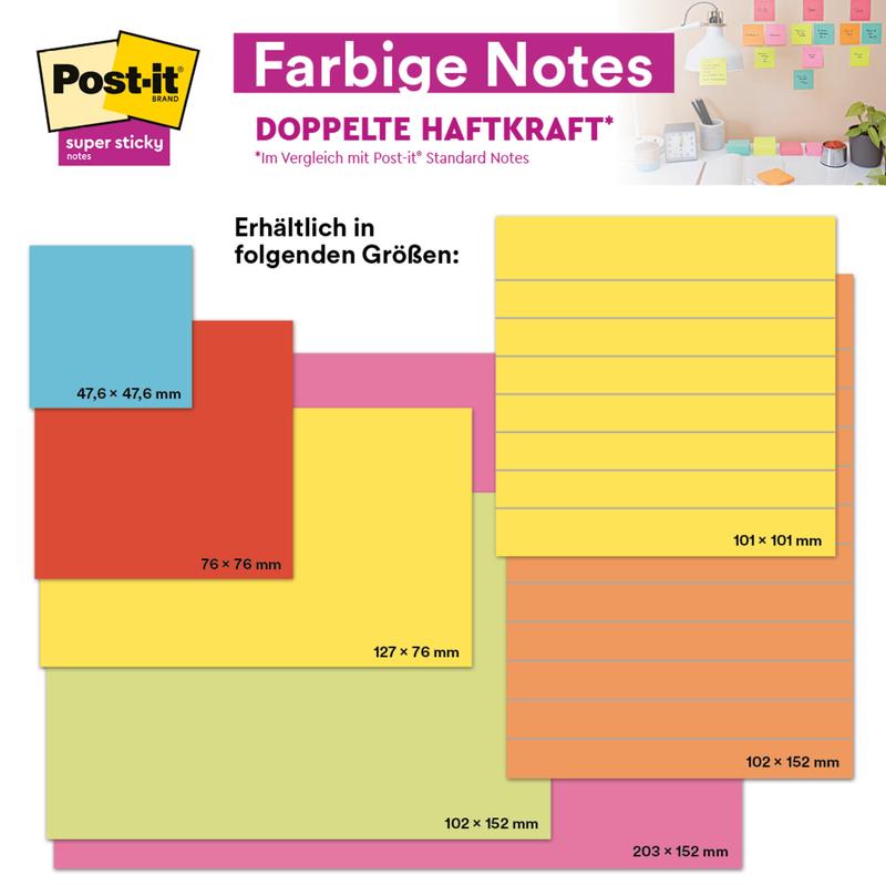En tabell viser seks størrelser av de fargerike 3M Post-it® Super Sticky Notes (76 mm x 76 mm, 90 ark/blokk, 100% PEFC). Et bilde av arbeidsområdet i hjørnet viser notatene på en vegg. Teksten fremhever den ekstra sterke klebemassen og størrelsesalternativene.