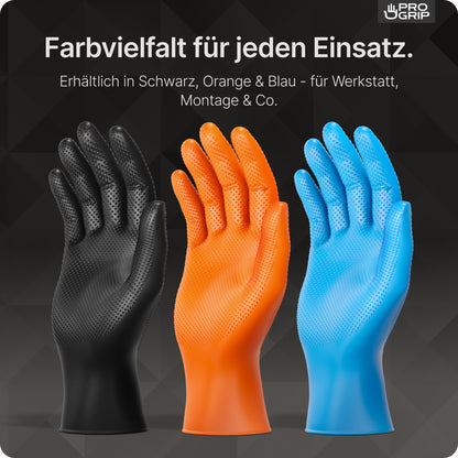 Die PROGRIP NITRIL DIAMOND ORANGE der ARNOWA GmbH - reißfeste, rautenförmige Nitrilhandschuhe in Orange - stehen aufrecht vor dunklem Hintergrund, mit deutschem Text, der auf ihre Farbe und Werkstatt-/Montagetauglichkeit hinweist.