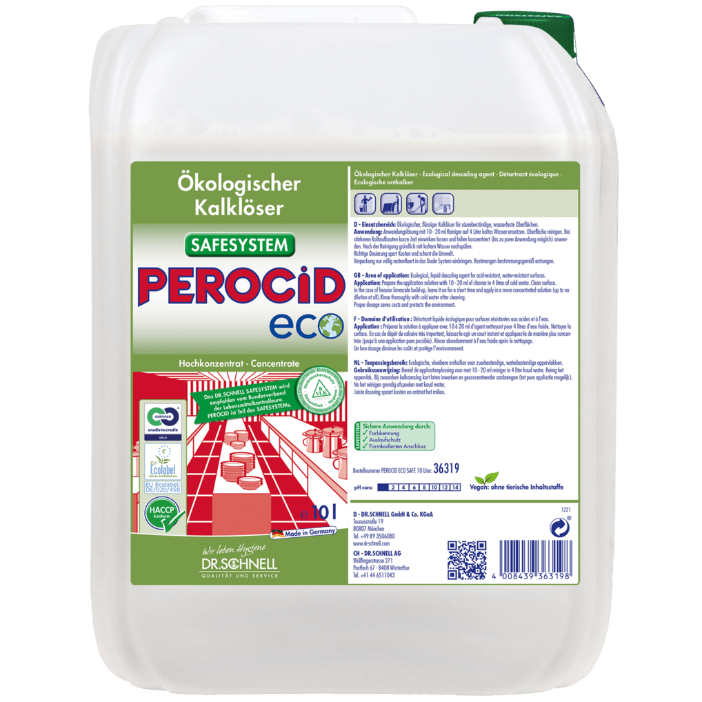 A white 10-liter container with Dr. Schnell PEROCID ECO Descaler for Surfaces from DR.SCHNELL GmbH & Co. KGaA, with a green label featuring product information, safety symbols, and German instructions for this eco-friendly surface descaler.
