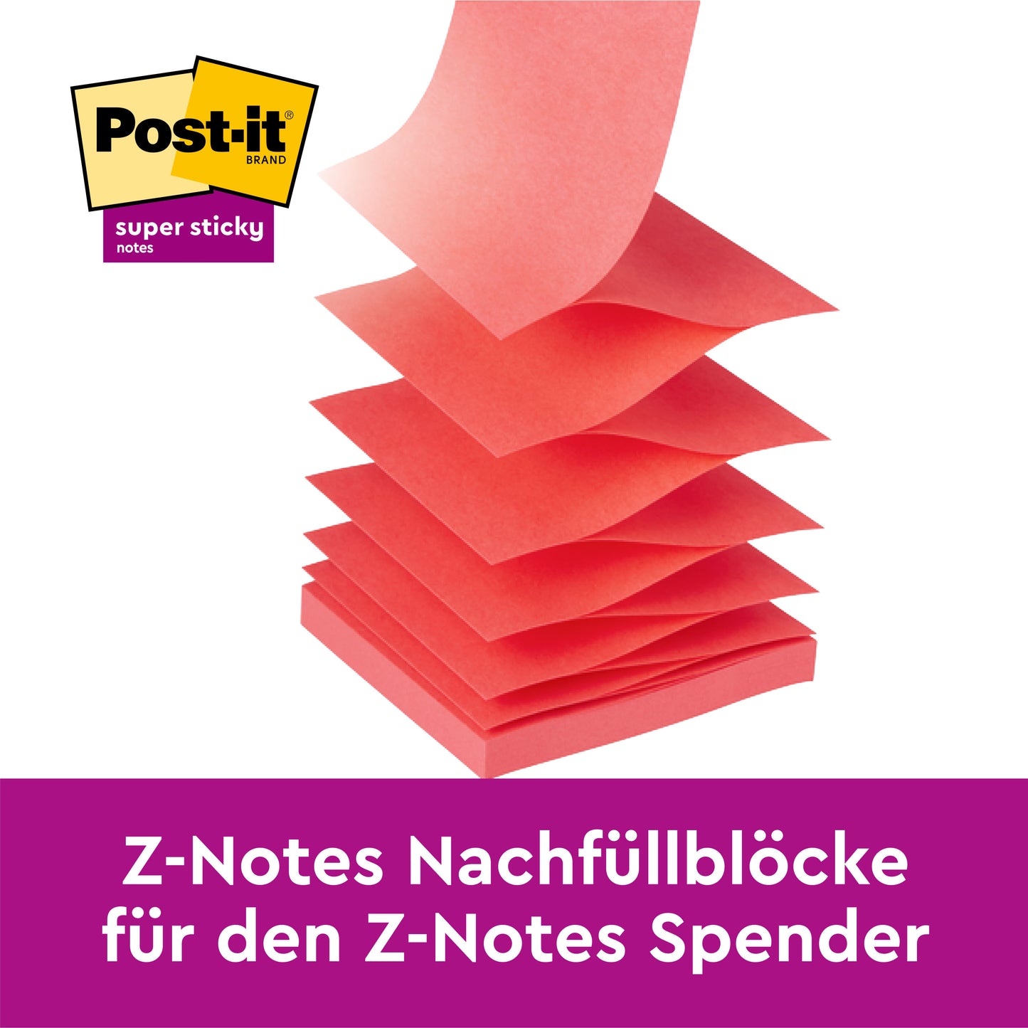 Mehrere gelbe Post-it® Super Sticky Z-Notes (76 mm x 127 mm, 90 Blatt/Block, 12 Blöcke/Packung) der 3M Deutschland GmbH sind gestapelt abgebildet. Das Post-it-Logo befindet sich oben links; ein lila Banner darunter gibt Auskunft über die deutschen Nachfüllblöcke.