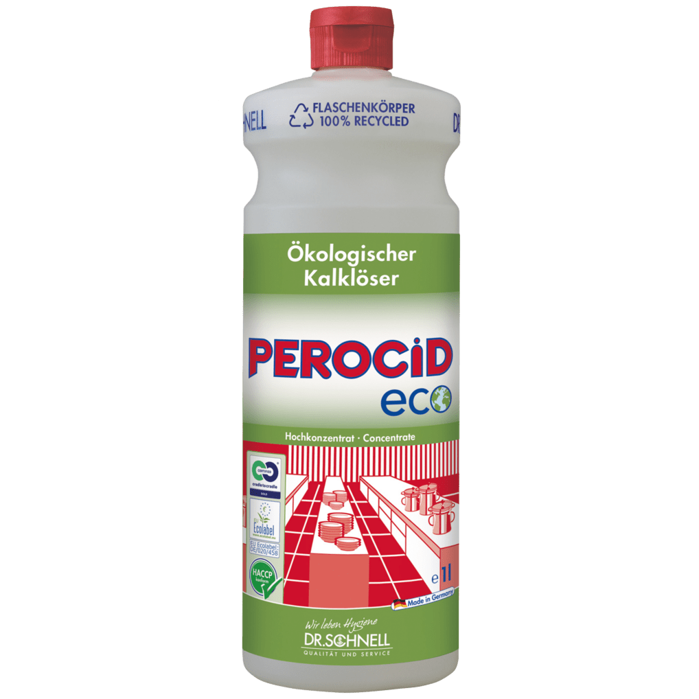 A bottle of Dr. Schnell PEROCID ECO Descaler for Surfaces from DR.SCHNELL GmbH & Co. KGaA, with a green-white label with certifications, red kitchen motif, red cap, and blue "100% recycled" mark on top.