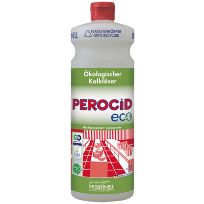 A bottle of Dr. Schnell PEROCID ECO Descaler for Surfaces from DR.SCHNELL GmbH & Co. KGaA, with a green-white label with certifications, red kitchen motif, red cap, and blue "100% recycled" mark on top.