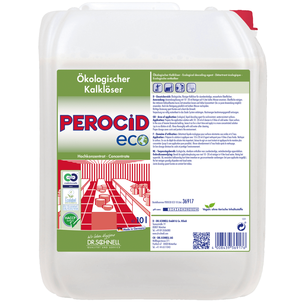 A large white container with a red lid and the label "Dr. Schnell PEROCID ECO Descaler for Surfaces" from DR.SCHNELL GmbH & Co. KGaA, with German text and eco-friendly cleaning symbols, ideal for surface descaling.
