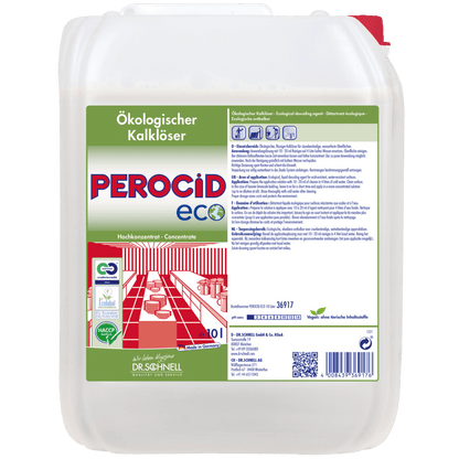A large white container with a red lid and the label "Dr. Schnell PEROCID ECO Descaler for Surfaces" from DR.SCHNELL GmbH & Co. KGaA, with German text and eco-friendly cleaning symbols, ideal for surface descaling.