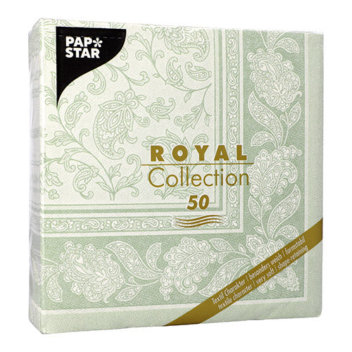 Die 50 Servietten "ROYAL Collection" 1/4-Falz der PAPSTAR GmbH im Format 40 x 40 cm in Grün sind mit einem dekorativen weißen Paisleymuster und einem eleganten gold-weißen Fronttext versehen.