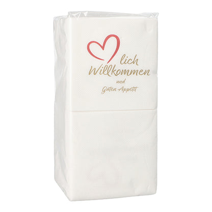 Eine Packung PAPSTAR 125 Servietten, 2-lagig „PUNTO“, 1/4-Falz (20x20 cm, mikrogeprägt) der PAPSTAR GmbH – verziert mit einem roten Herz und der Aufschrift „lich Willkommen und Guten Appetit“, perfekt für besondere Anlässe.